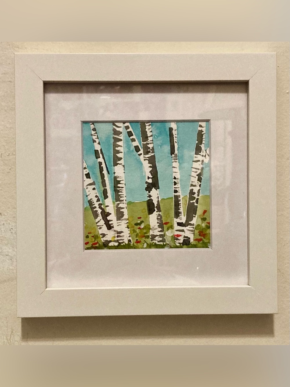 Framed Original Watercolor Art “Birch Trees” Home Decor Size 7”x7”
